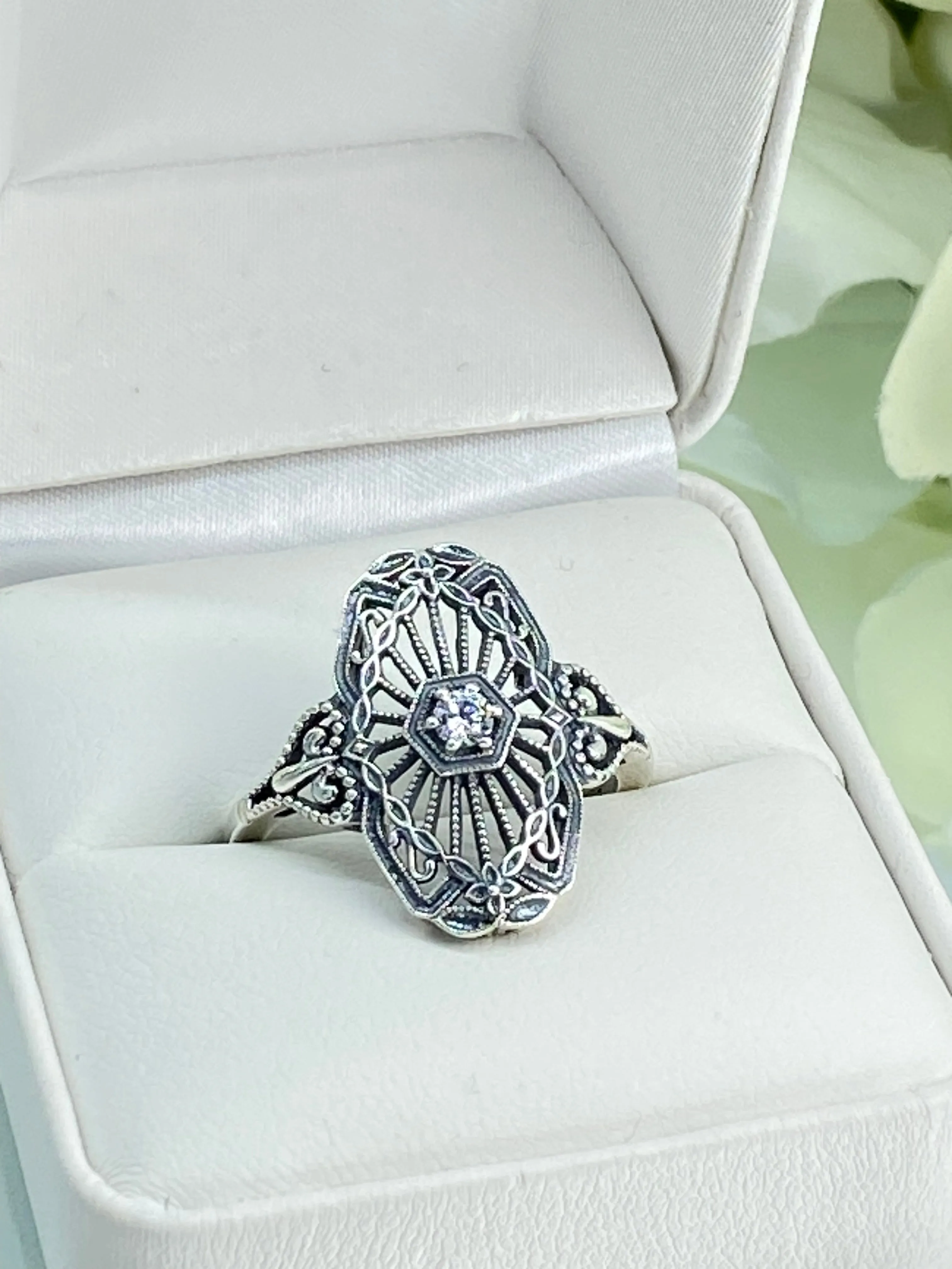 Vintage Style Diamond Ring, Round Gem, Debut, Victorian Sterling Silver Filigree, D588