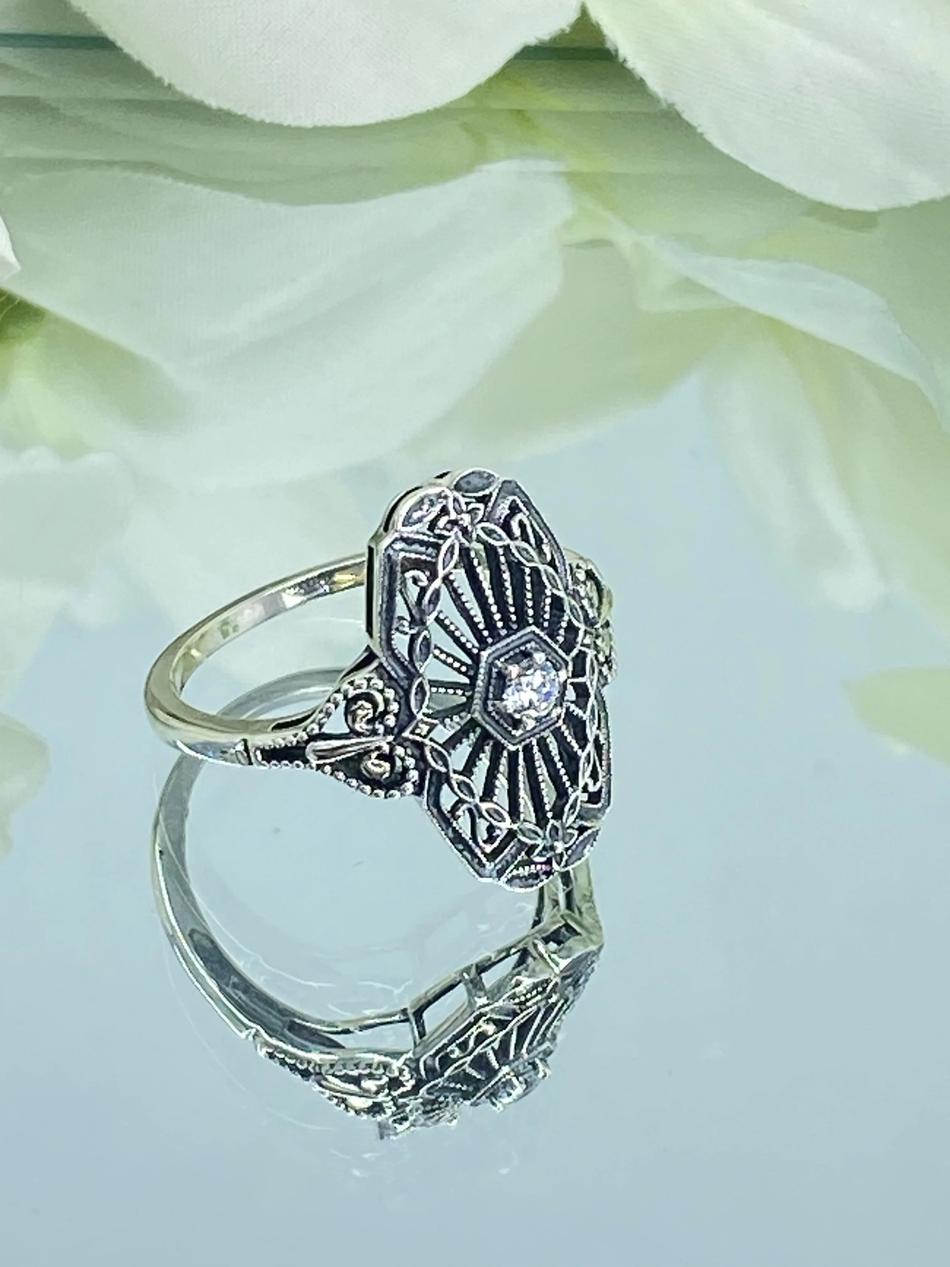 Vintage Style Diamond Ring, Round Gem, Debut, Victorian Sterling Silver Filigree, D588