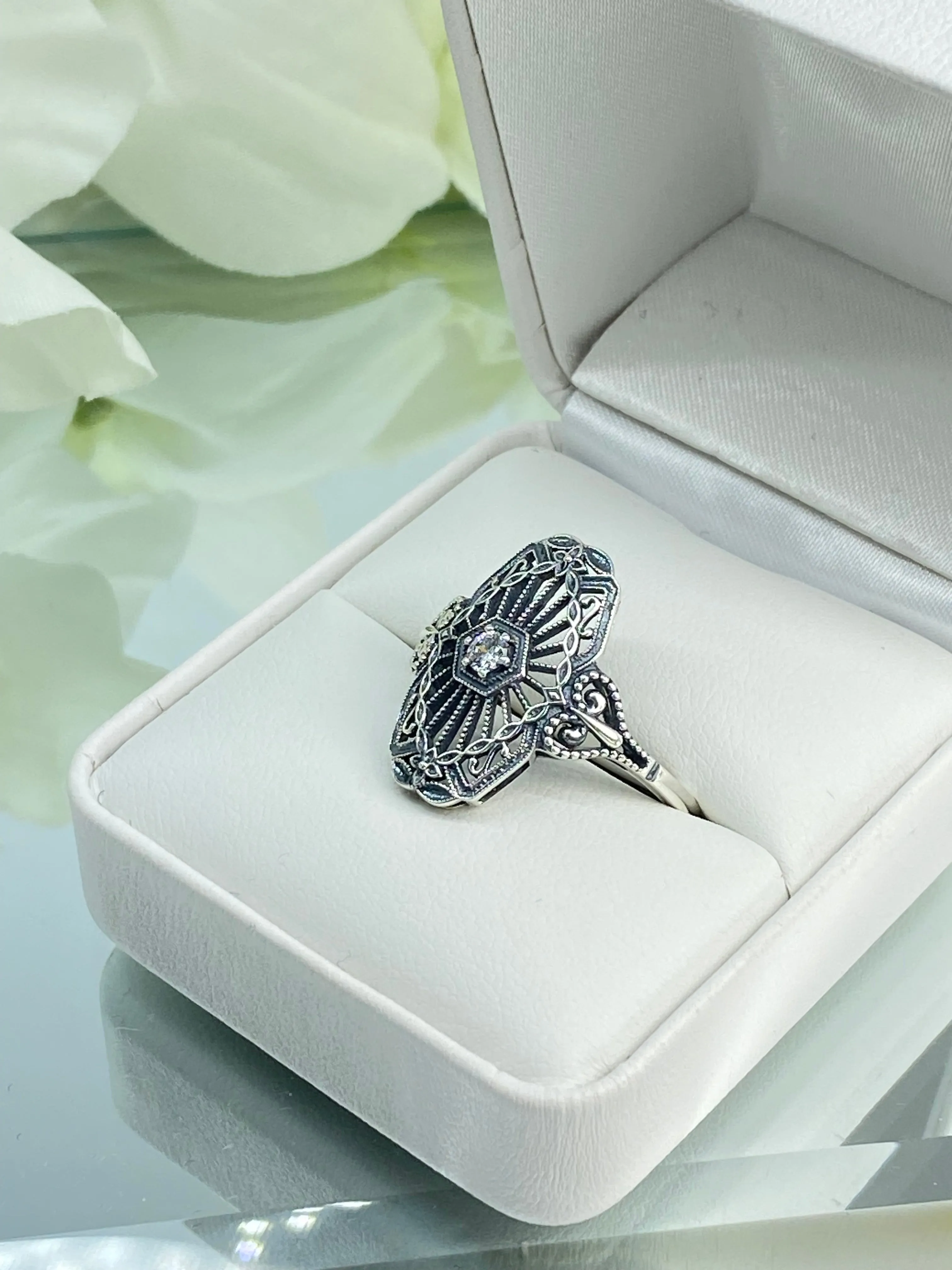 Vintage Style Diamond Ring, Round Gem, Debut, Victorian Sterling Silver Filigree, D588