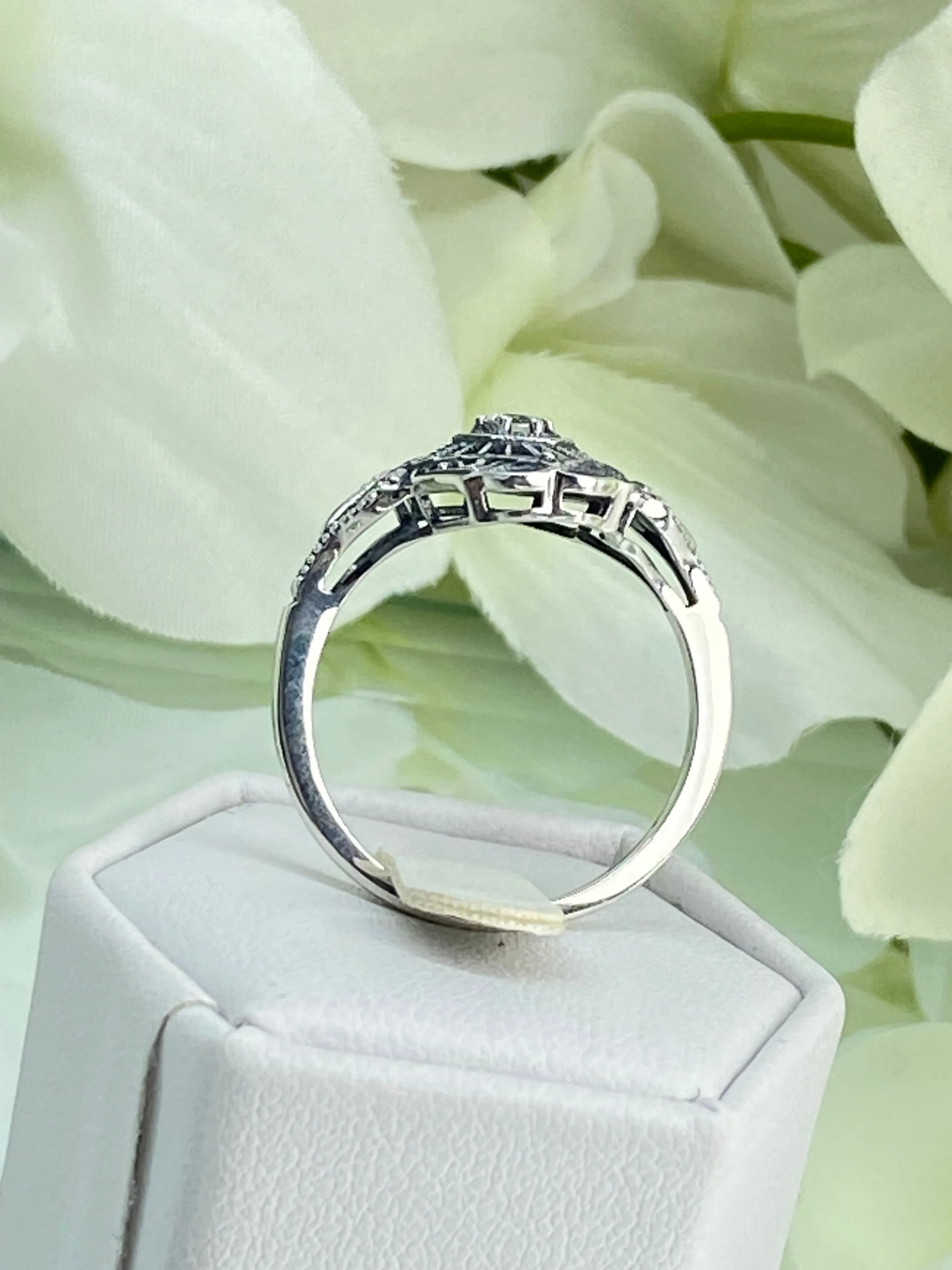 Vintage Style Diamond Ring, Round Gem, Debut, Victorian Sterling Silver Filigree, D588