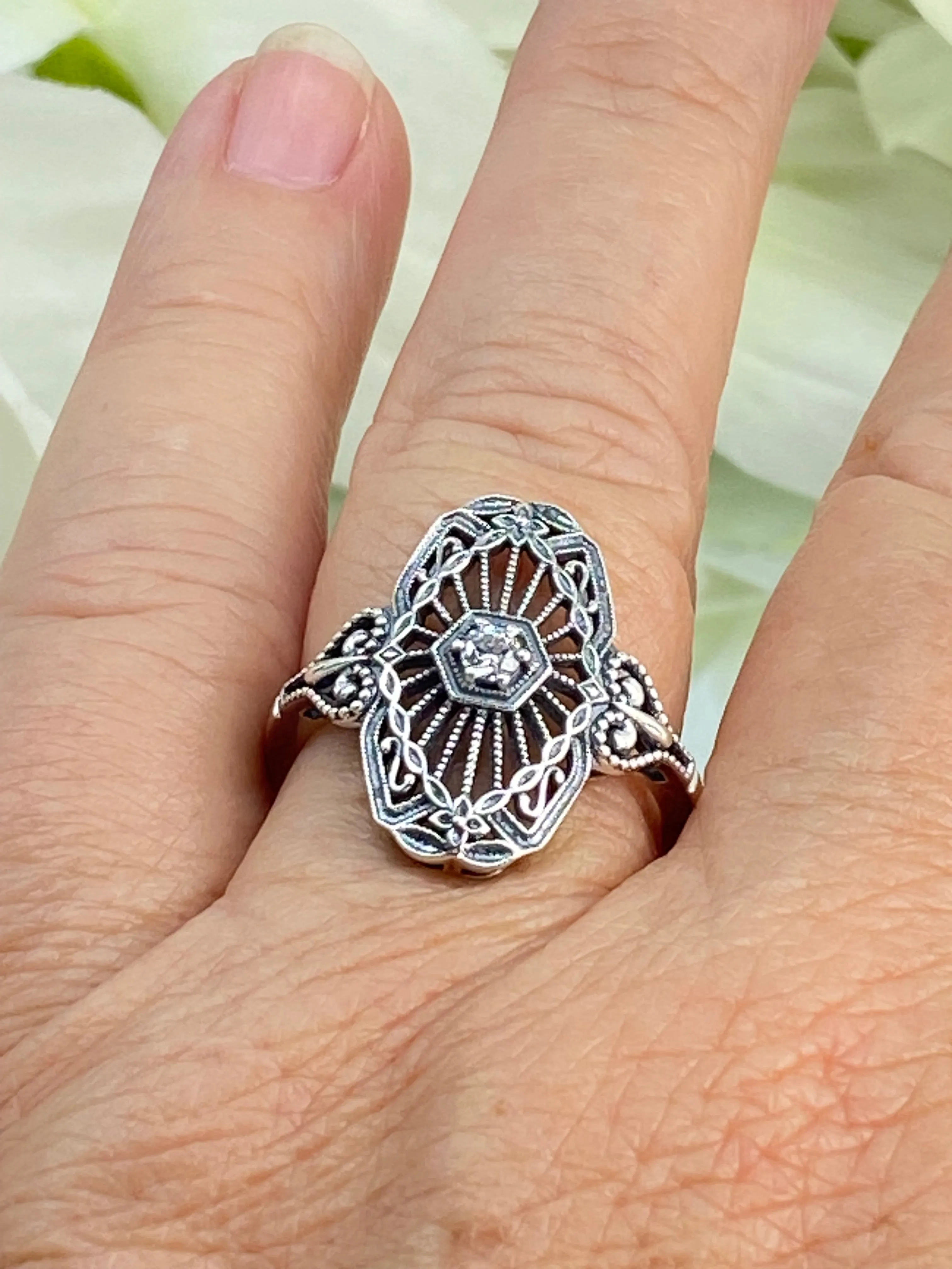 Vintage Style Diamond Ring, Round Gem, Debut, Victorian Sterling Silver Filigree, D588