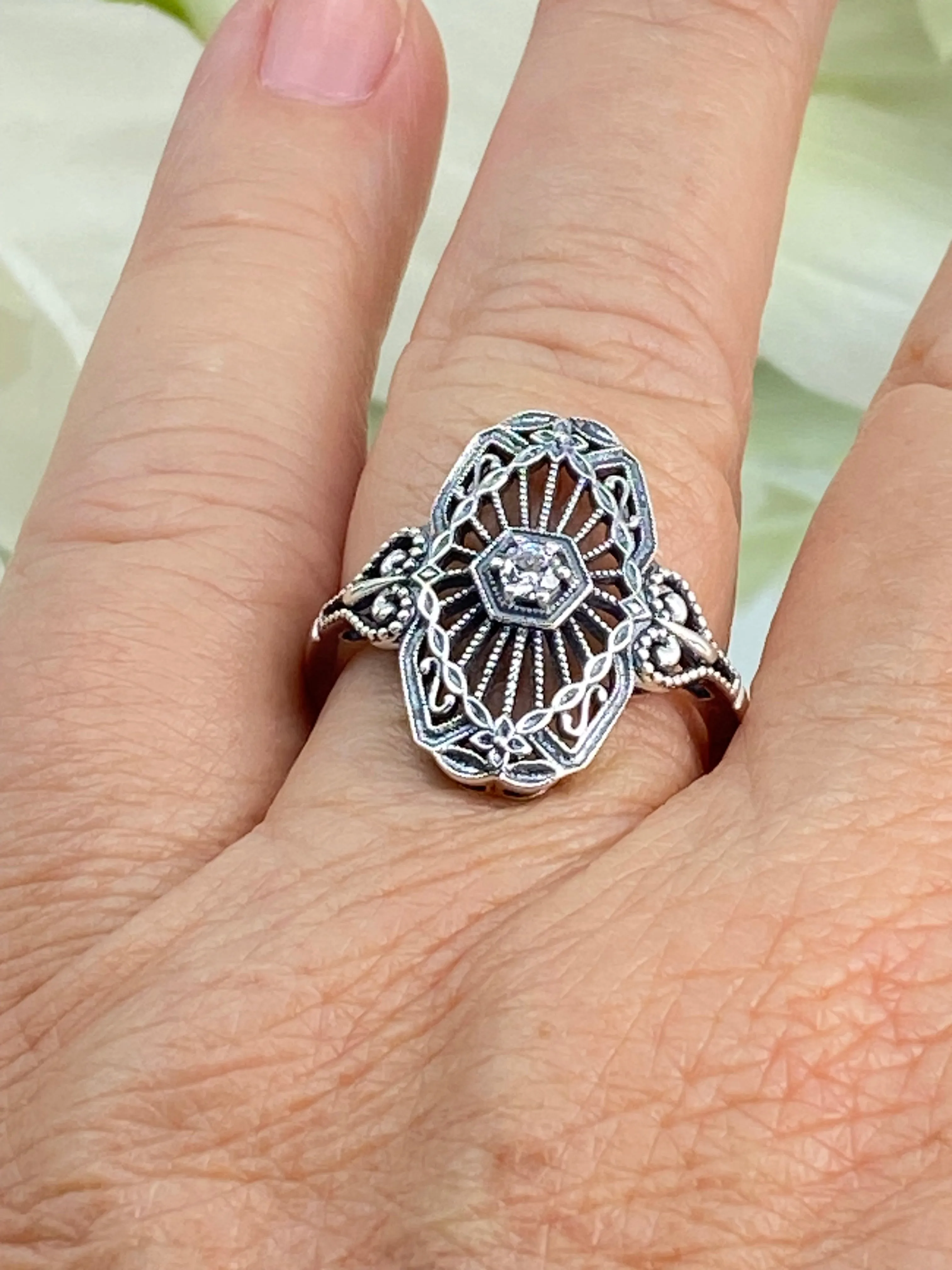 Vintage Style Diamond Ring, Round Gem, Debut, Victorian Sterling Silver Filigree, D588
