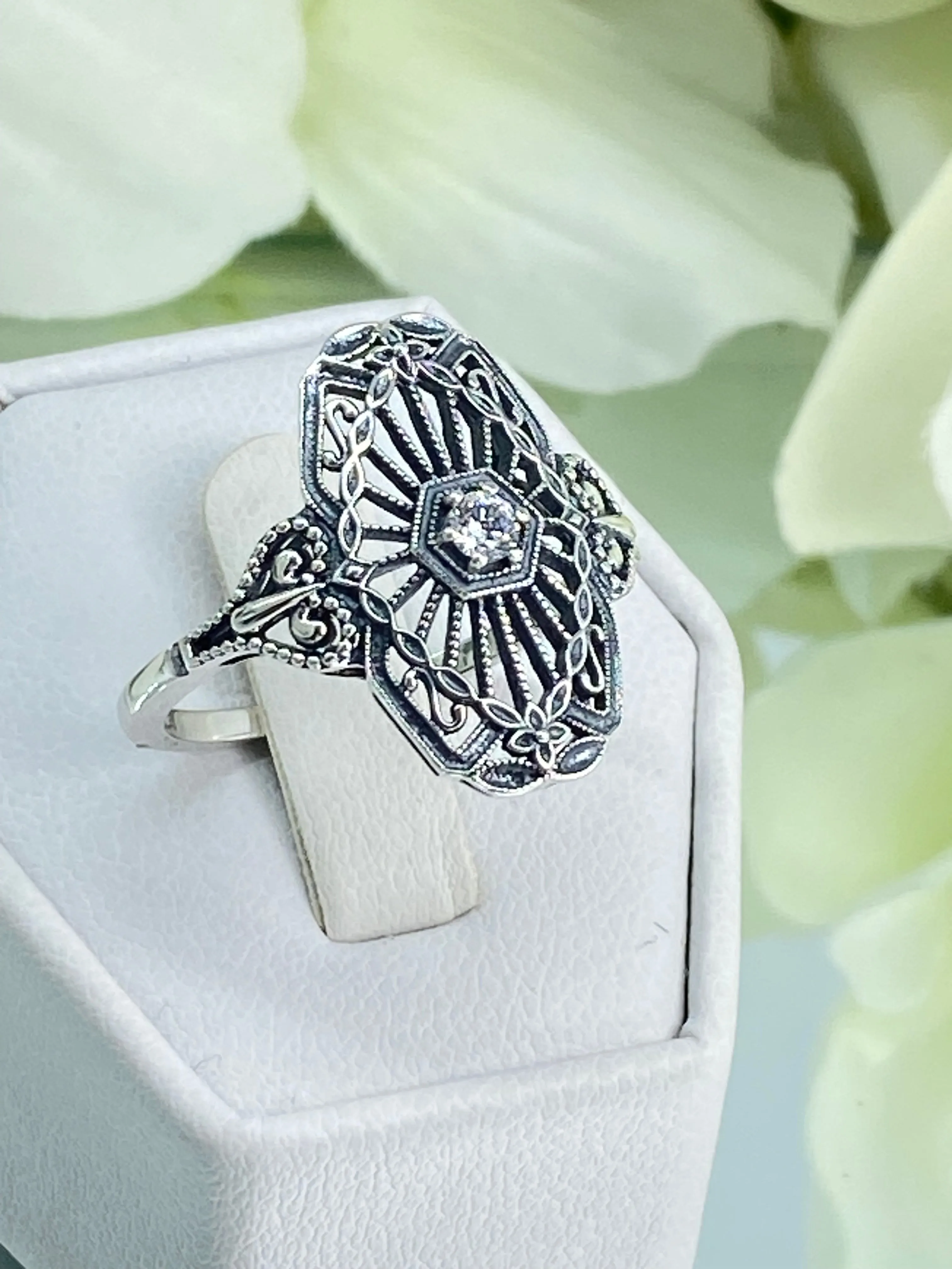 Vintage Style Diamond Ring, Round Gem, Debut, Victorian Sterling Silver Filigree, D588