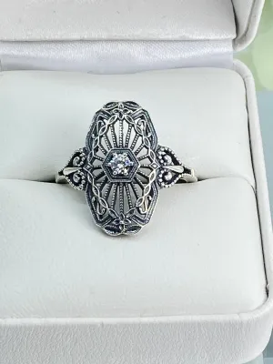 Vintage Style Diamond Ring, Round Gem, Debut, Victorian Sterling Silver Filigree, D588