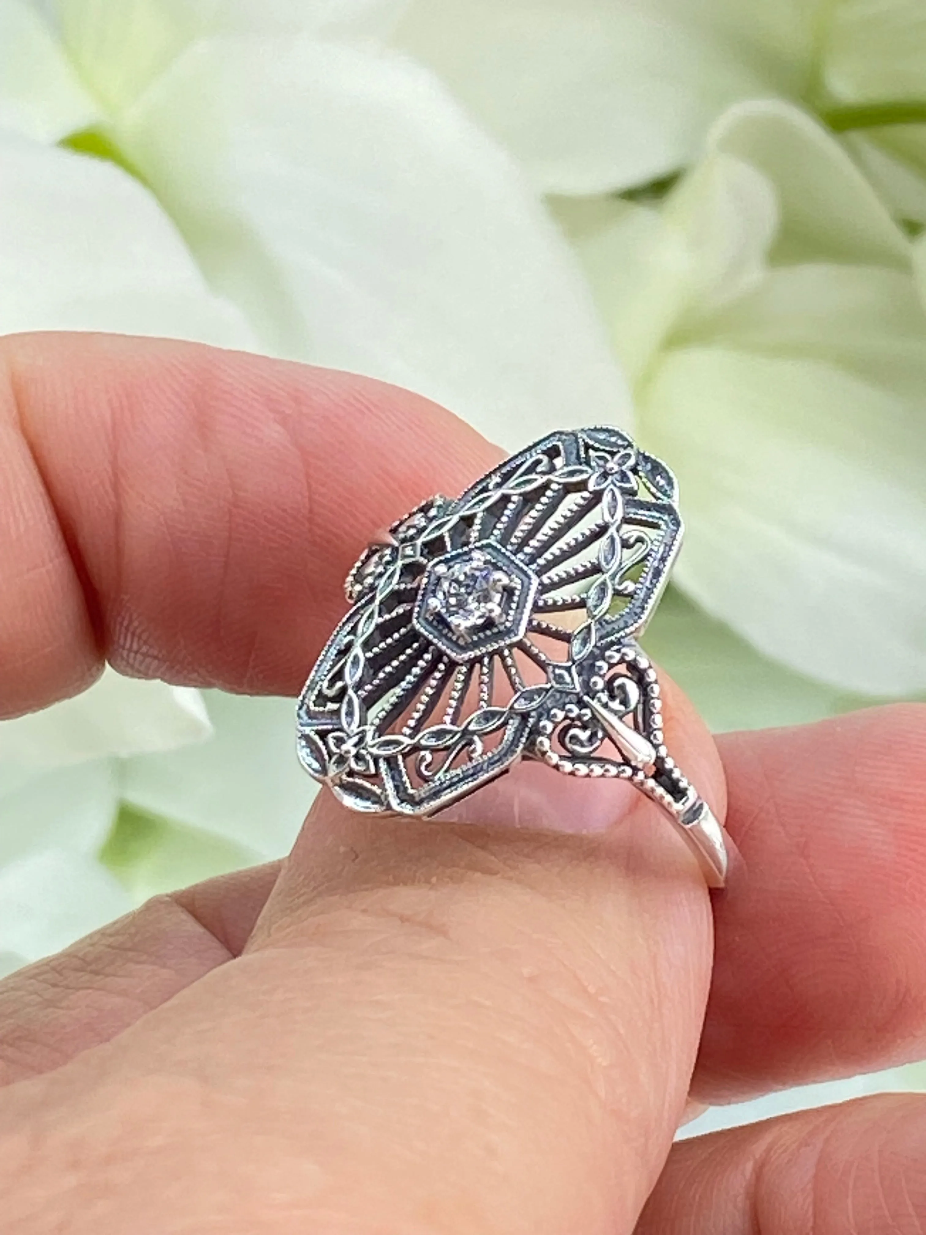Vintage Style Diamond Ring, Round Gem, Debut, Victorian Sterling Silver Filigree, D588