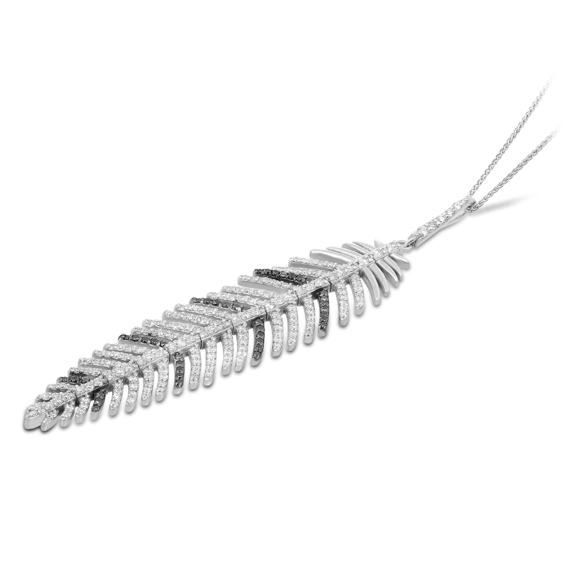White and Black Diamond Feather Pendant Necklace - 1.3 Carat