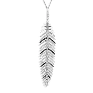 White and Black Diamond Feather Pendant Necklace - 1.3 Carat