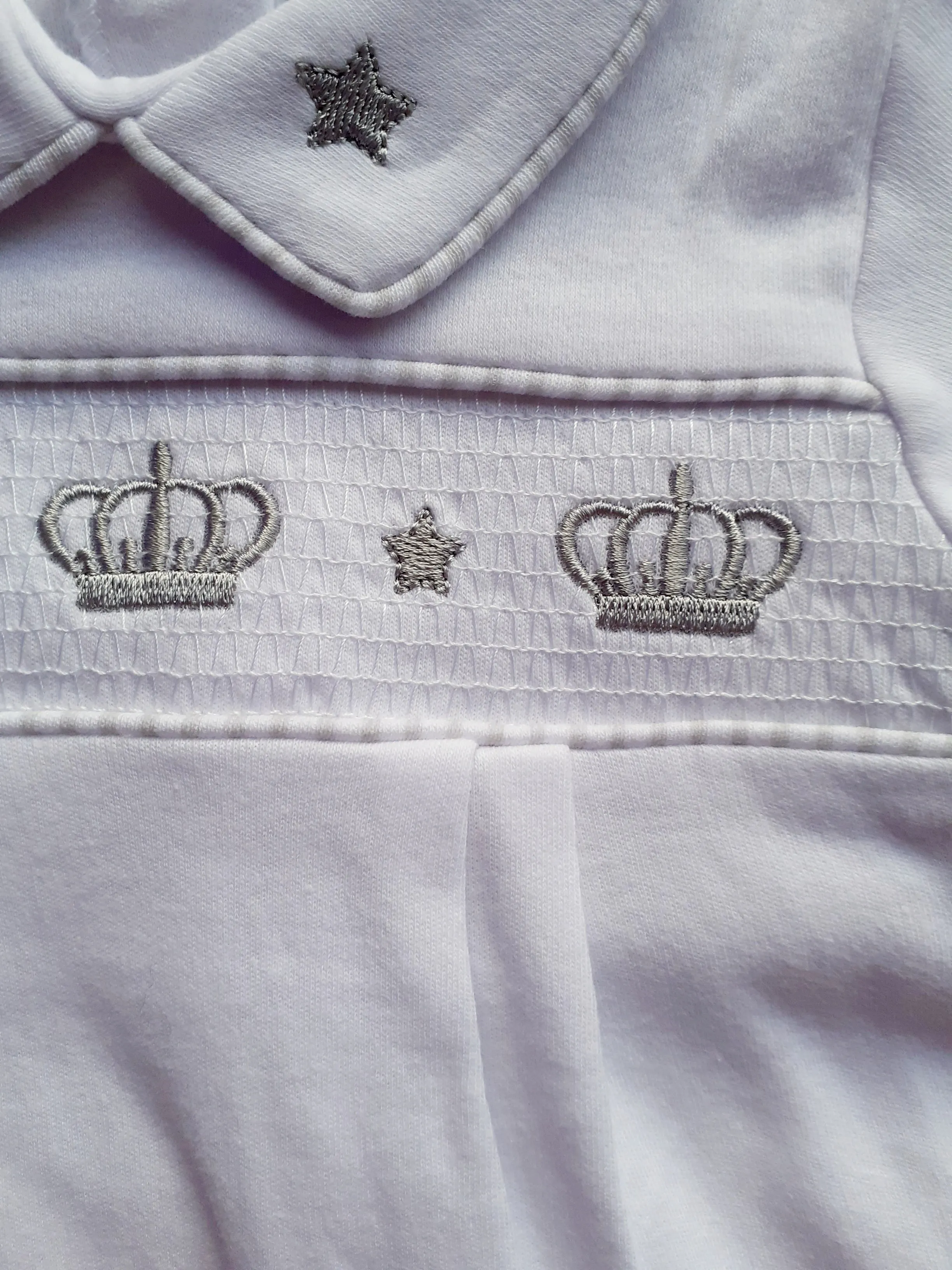 White Crown & Stars Smocked Babygrow