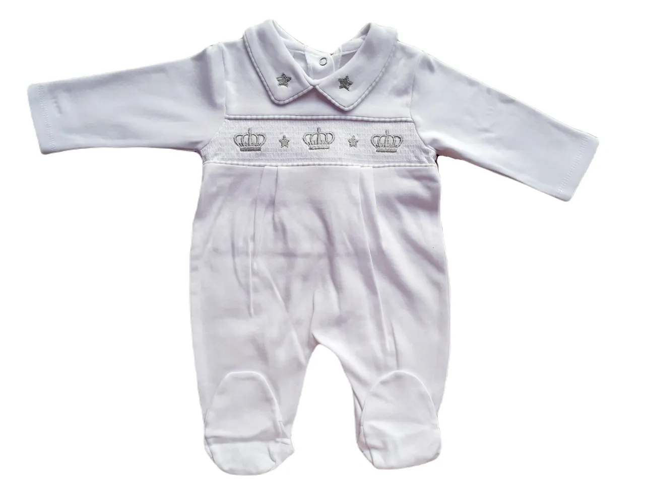 White Crown & Stars Smocked Babygrow