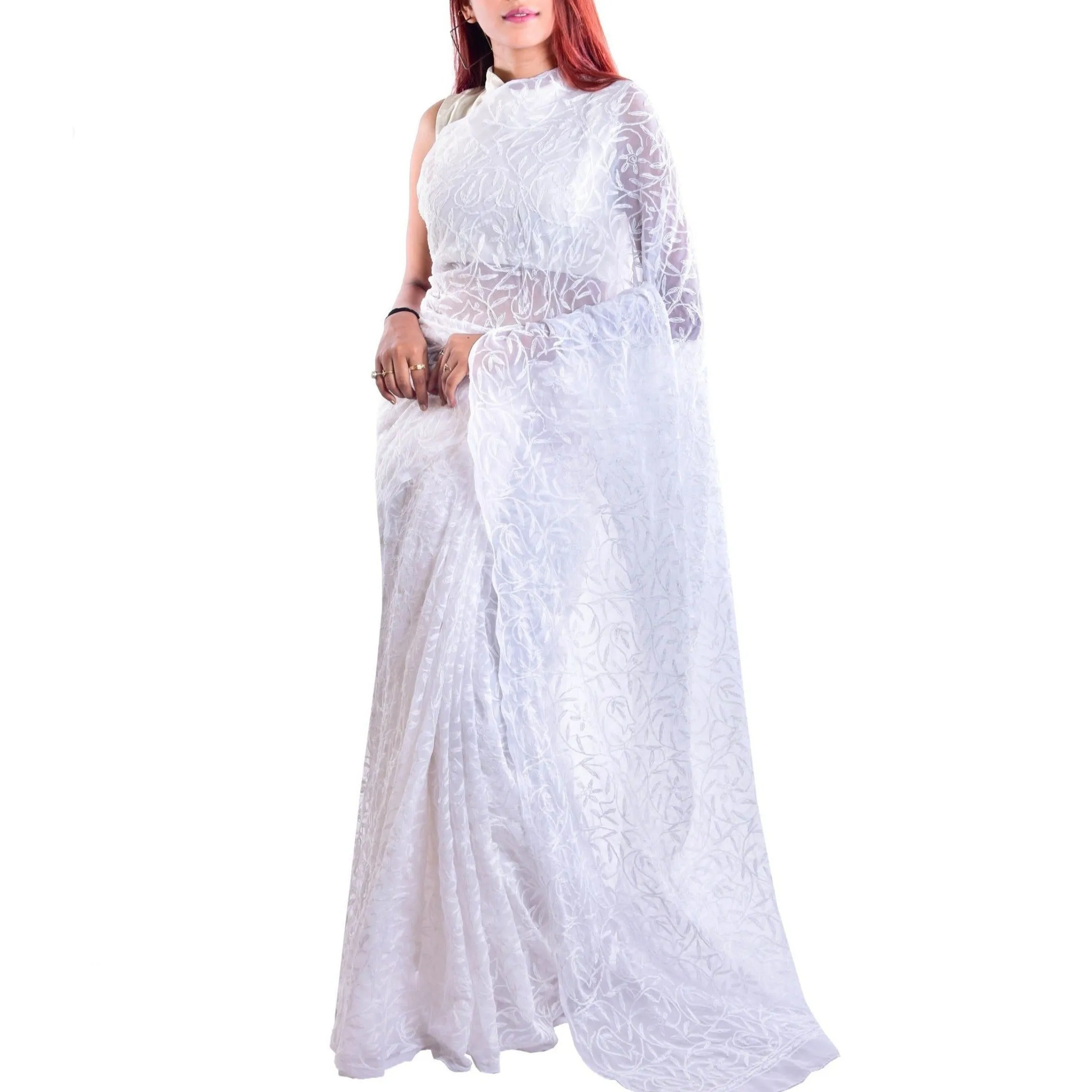 White Lucknowi Tepechi Work Saree