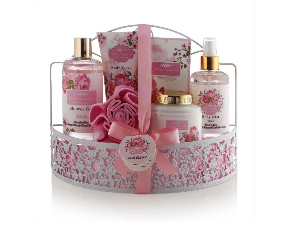 Wild Rose & Raspberry Leaf Bath Set - 8Pc Shower Caddy Gift