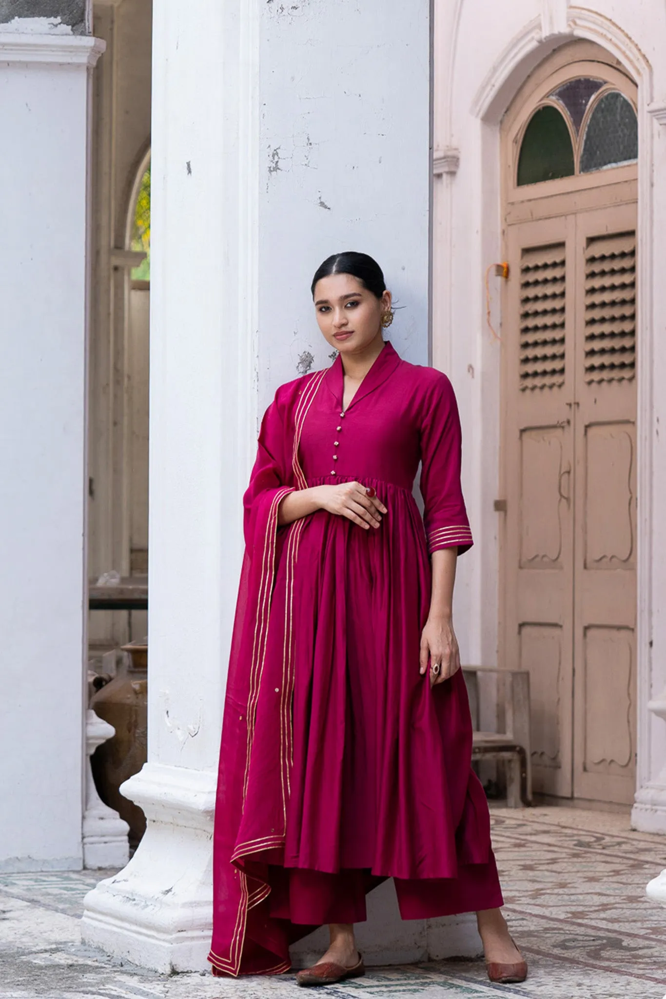 Wine Red Suit Set with Organza Dupatta