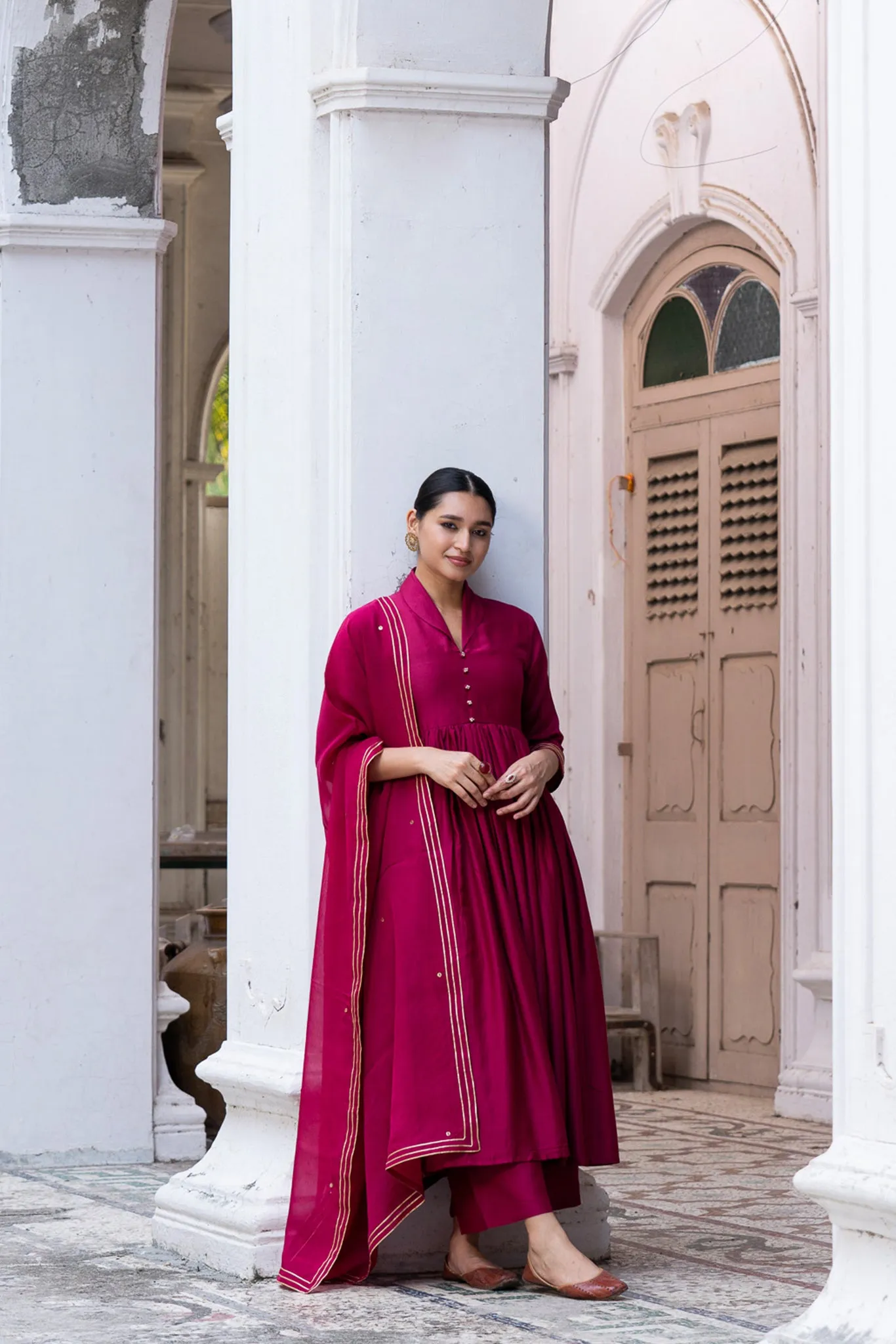 Wine Red Suit Set with Organza Dupatta