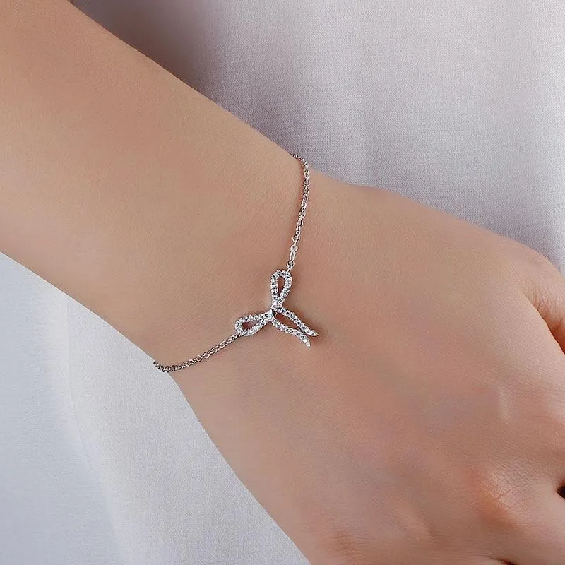 Women 925 Sterling Silver Cubic Zirconia Bowknot Bracelet, Jewelry Accessories for Women