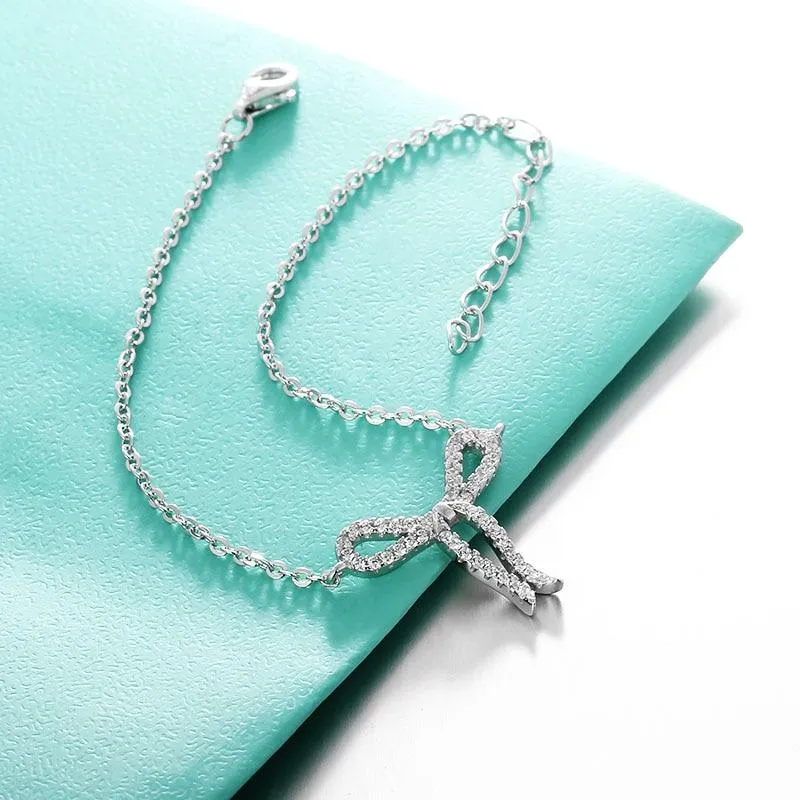 Women 925 Sterling Silver Cubic Zirconia Bowknot Bracelet, Jewelry Accessories for Women