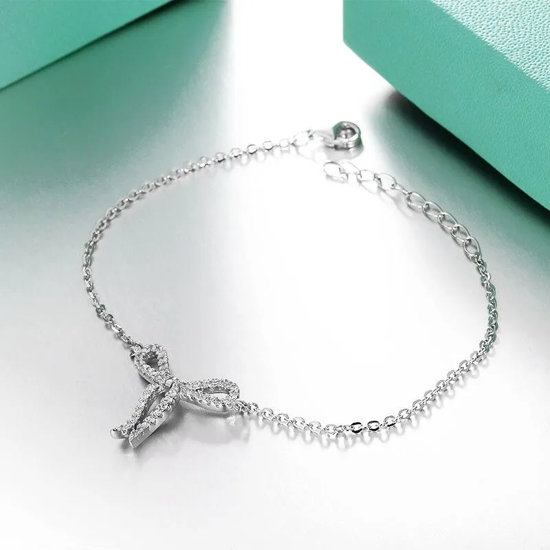 Women 925 Sterling Silver Cubic Zirconia Bowknot Bracelet, Jewelry Accessories for Women