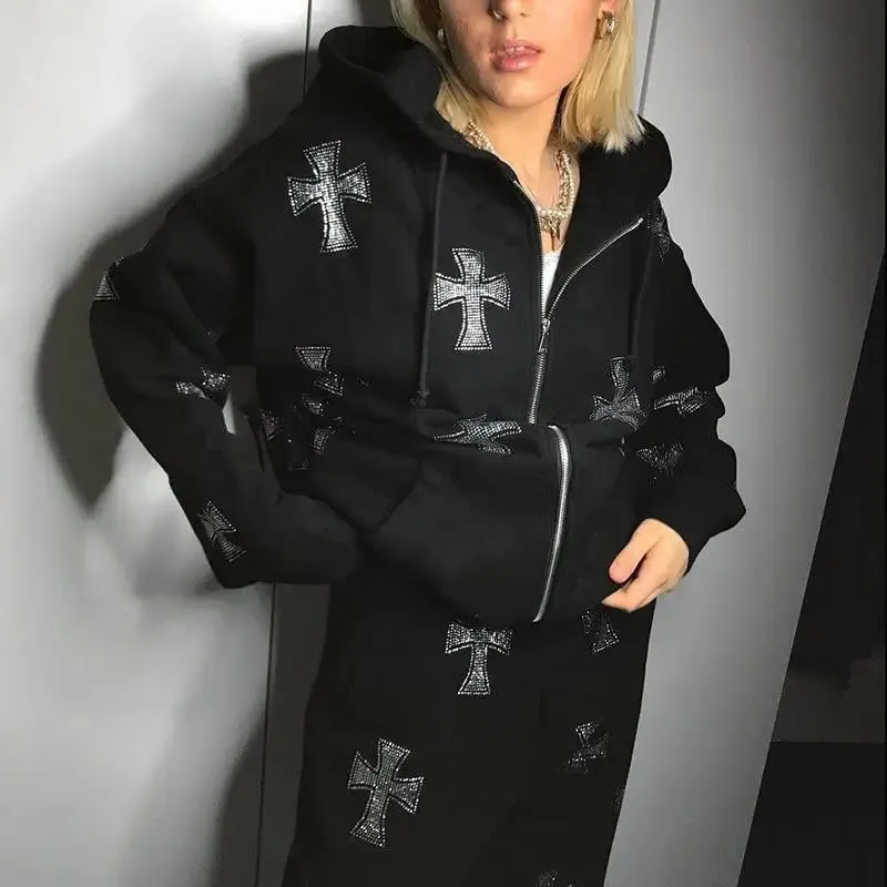 Y2K Hooded Sweatshirt with Rhinestone Cross