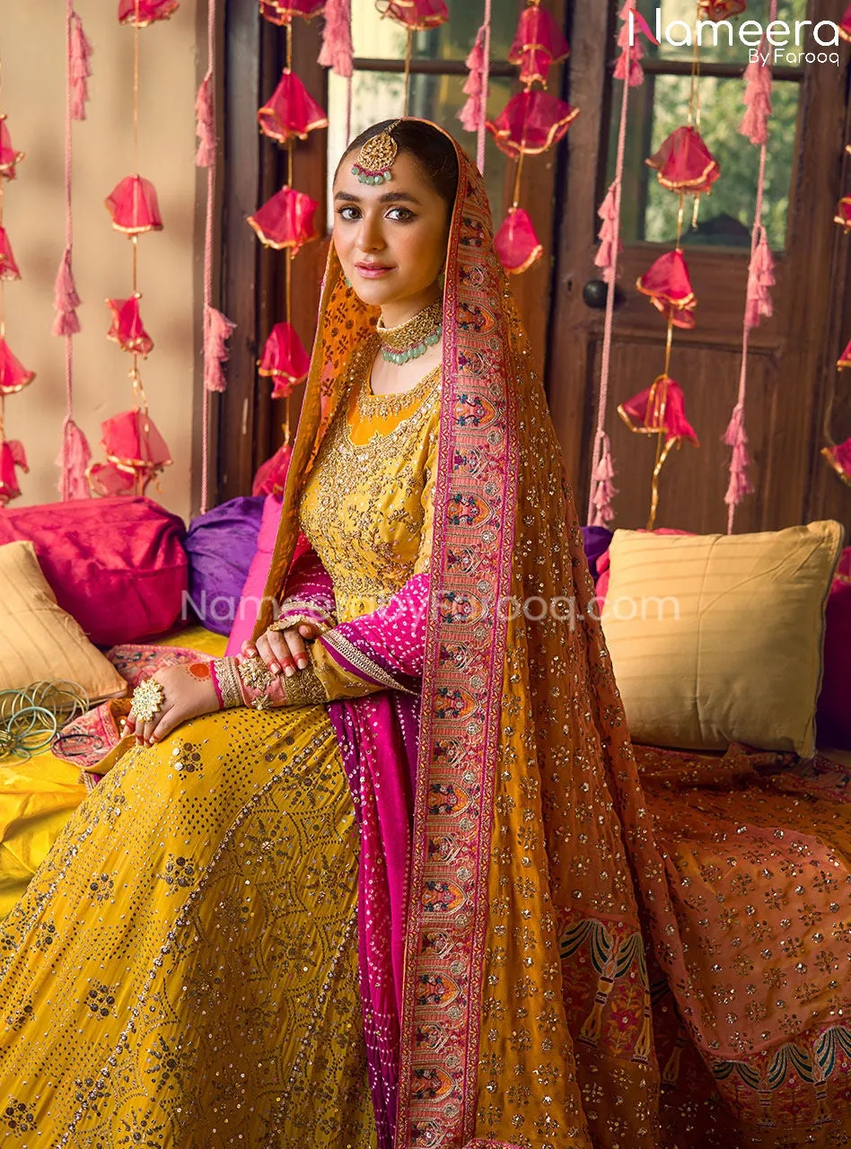 Yellow Bridal Dress in Traditional Pishwas Style #BS686