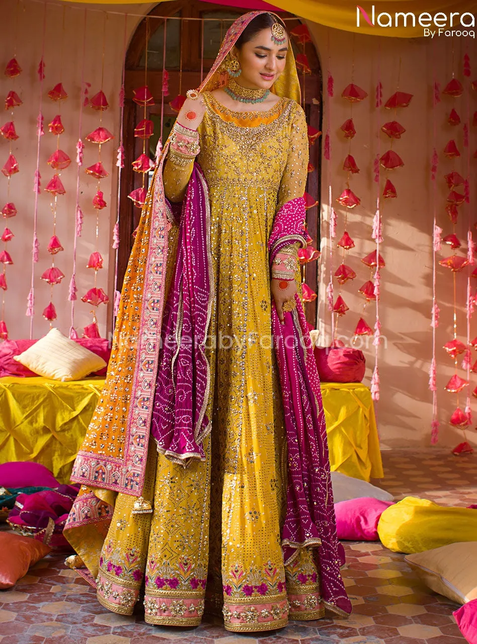 Yellow Bridal Dress in Traditional Pishwas Style #BS686