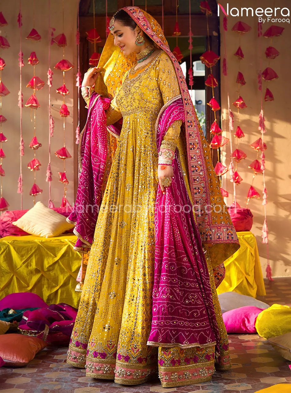 Yellow Bridal Dress in Traditional Pishwas Style #BS686