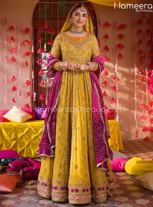 Yellow Bridal Dress in Traditional Pishwas Style #BS686
