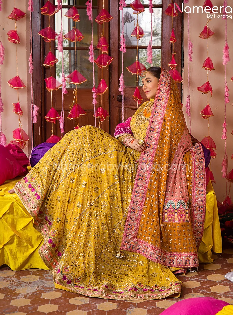 Yellow Bridal Dress in Traditional Pishwas Style #BS686