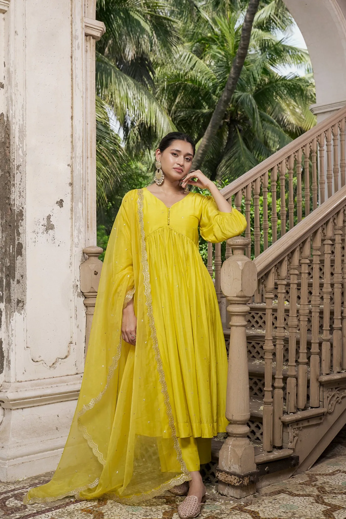 Yellow Cotton Silk Suit Set with Pure Organza Duppata