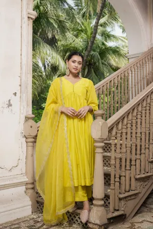 Yellow Cotton Silk Suit Set with Pure Organza Duppata