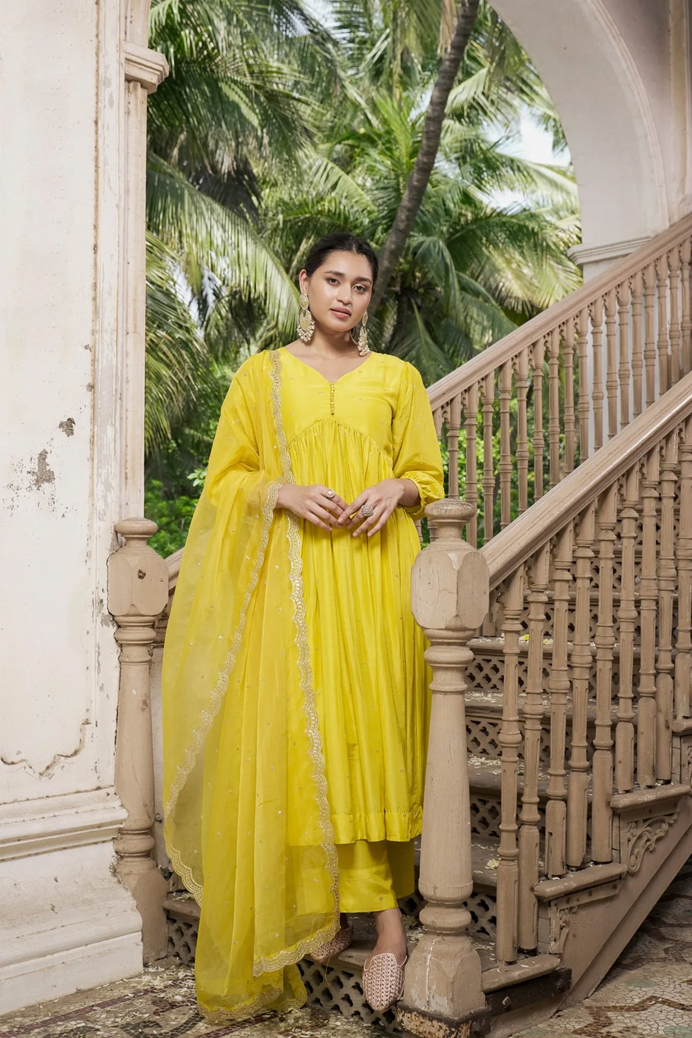 Yellow Cotton Silk Suit Set with Pure Organza Duppata