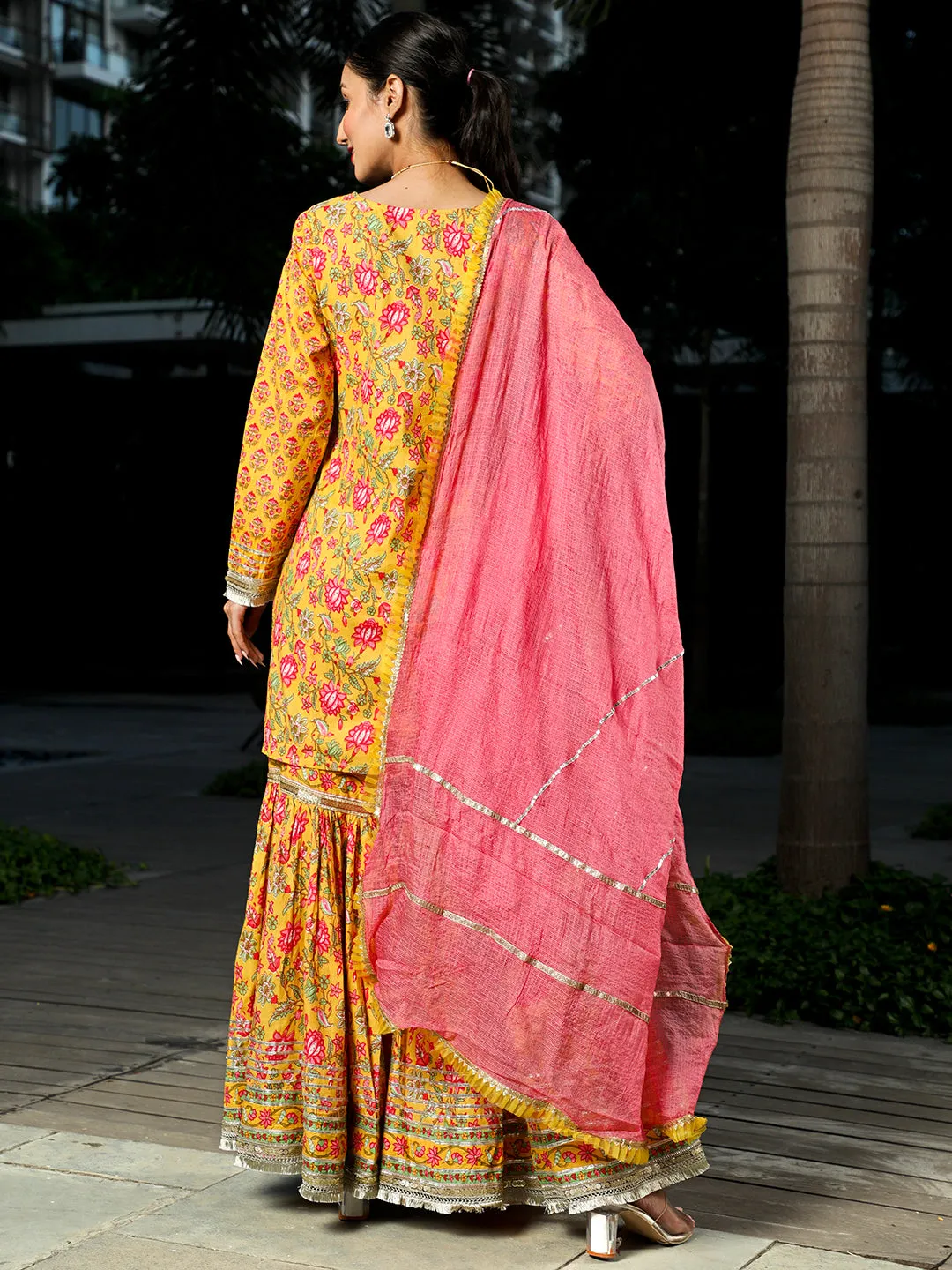 Yellow Floral Print Kurta Sharara With Dupatta