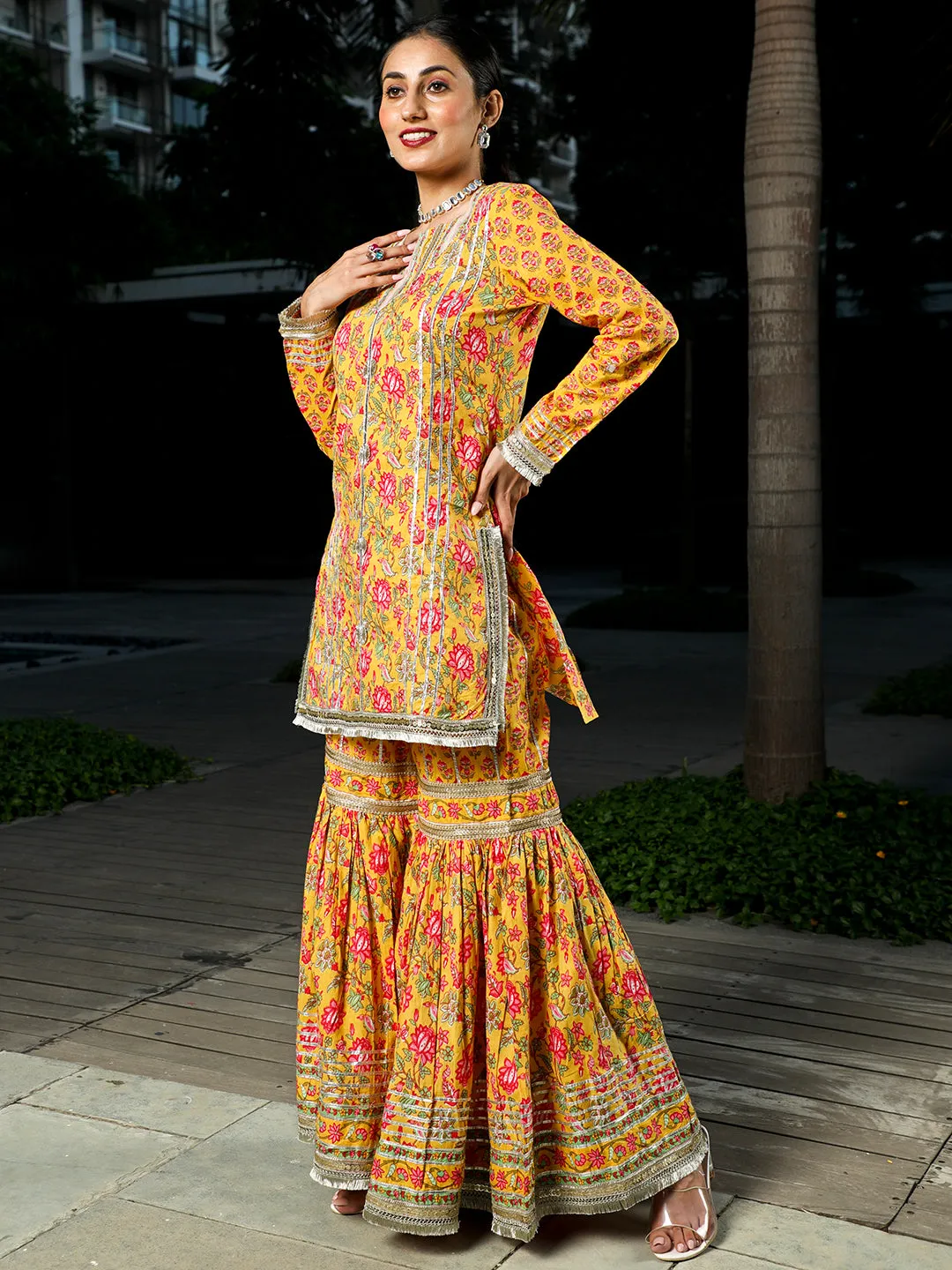 Yellow Floral Print Kurta Sharara With Dupatta
