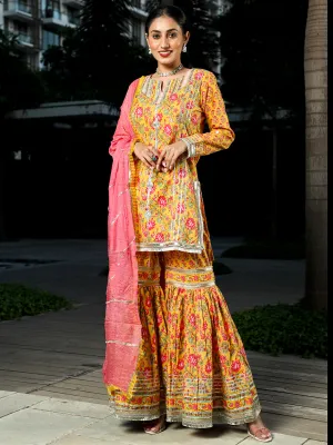 Yellow Floral Print Kurta Sharara With Dupatta